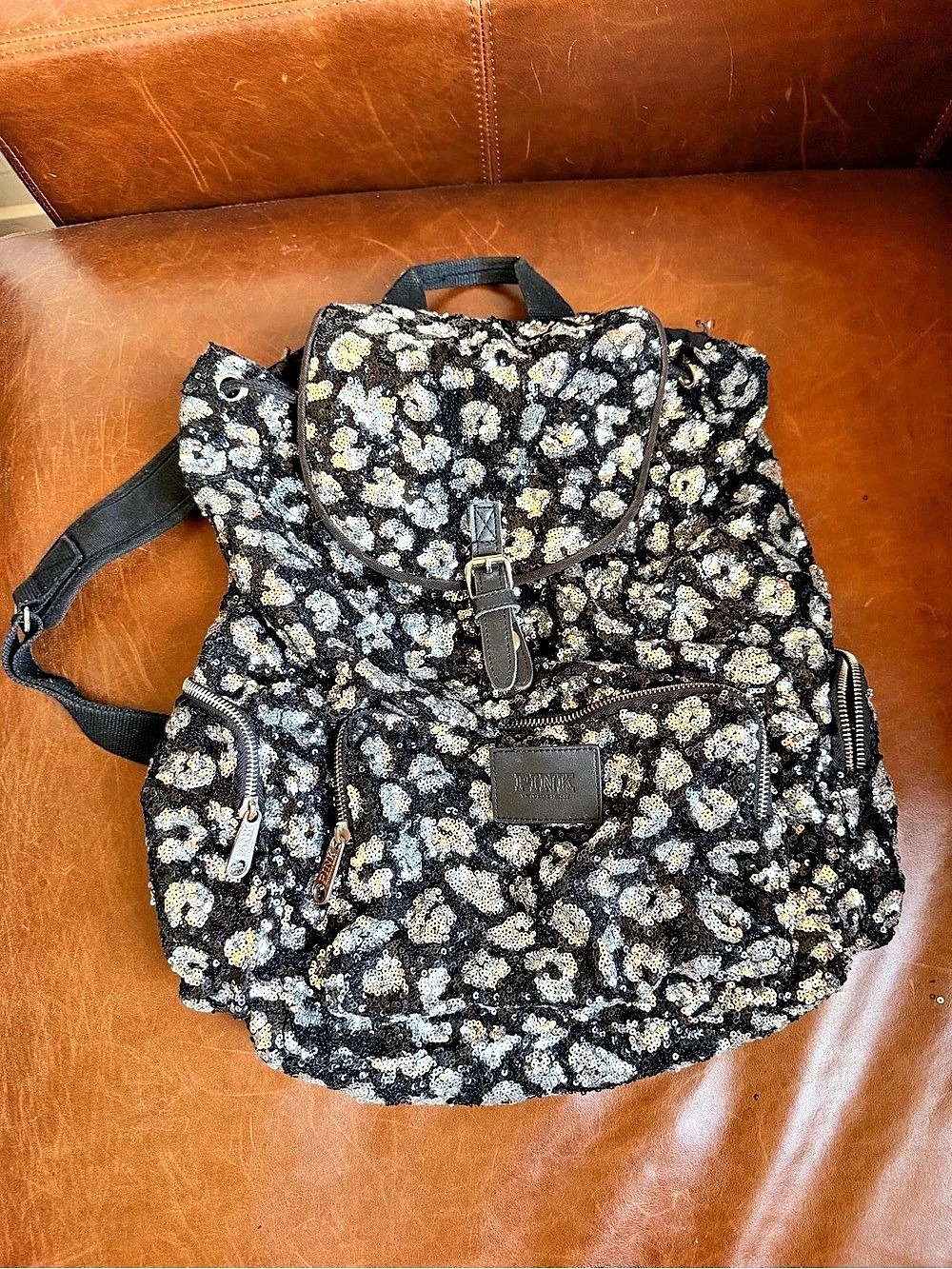 Victorias Secret PINK animal print Sequin Backpack in Black & silver